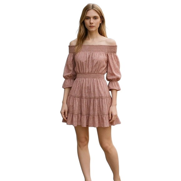 MISA Los Angeles Dara Off Shoulder Pink Ruffle Smocked Mini Dress Medium NWT - Picture 1 of 9